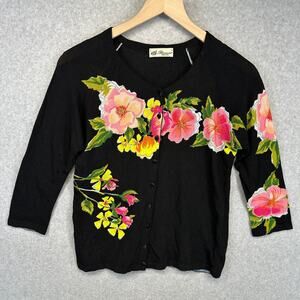Blumarine Italy Sweater Womens Size M 42 Black Pink Floral 3/4 Sleeve Cardigan